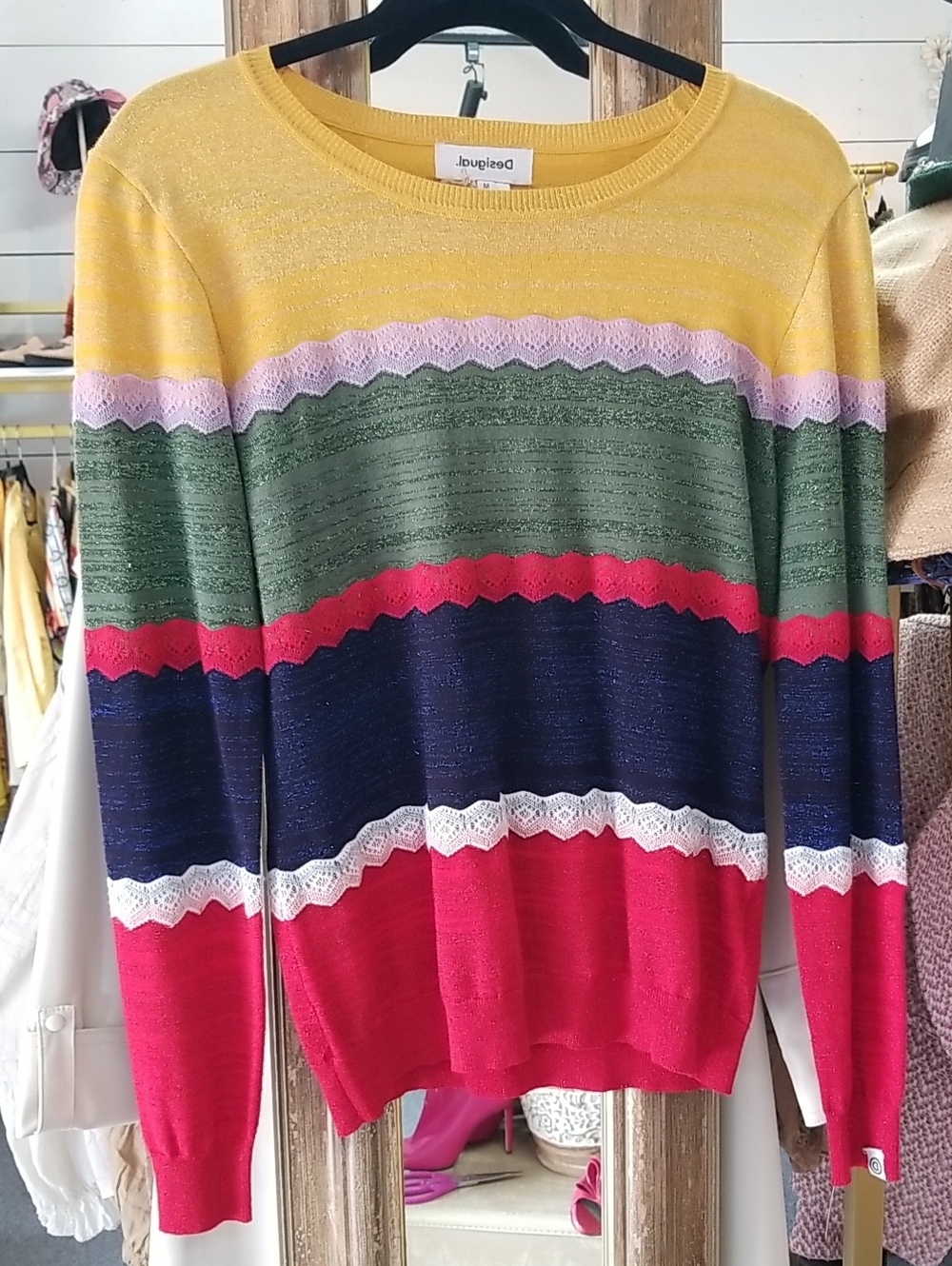 Desigual Yellow Pink Green Navy Red Striped Scoop Neck Sweater